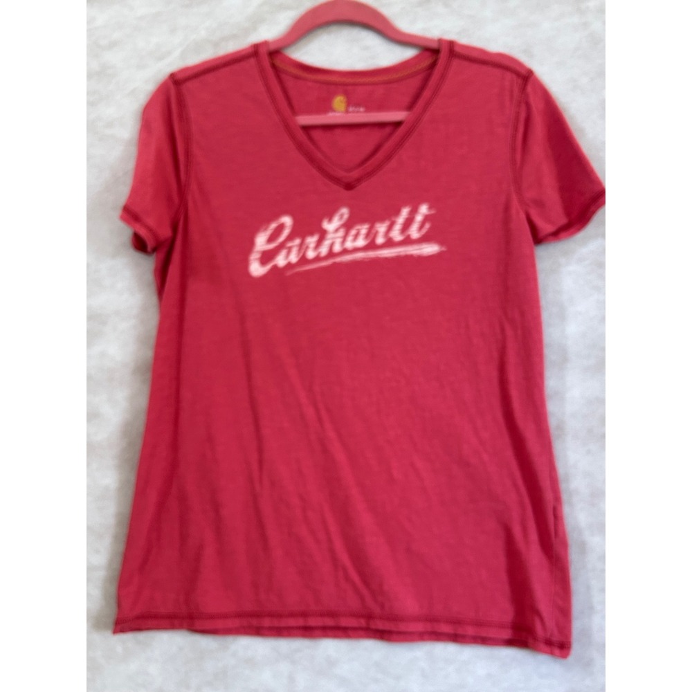 Carhartt Womens V-Neck Graphic Logo T-Shirt Red Cotton Slub Knit Medium